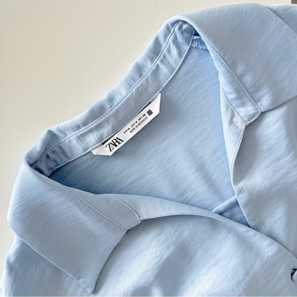 ZARA Satin Cropped Button-Front Blouse Light Blue Size M Minimal Chic - Picture 7 of 10